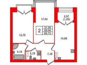 Квартира в ЖК Наука, 2 комнатная, 60.75 м², 13 этаж