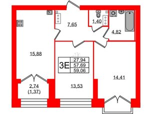 Квартира в ЖК Наука, 2 комнатная, 59.06 м², 12 этаж