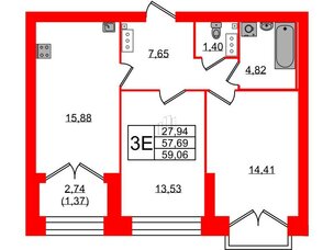 Квартира в ЖК Наука, 2 комнатная, 59.06 м², 13 этаж