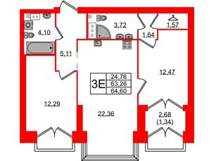 Квартира в ЖК Наука, 2 комнатная, 64.6 м², 13 этаж