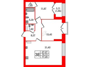 Квартира в ЖК Наука, 2 комнатная, 77.29 м², 12 этаж