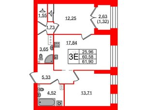 Квартира в ЖК Наука, 2 комнатная, 61.9 м², 3 этаж