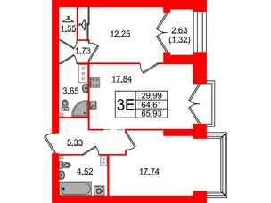 Квартира в ЖК Наука, 2 комнатная, 65.93 м², 13 этаж