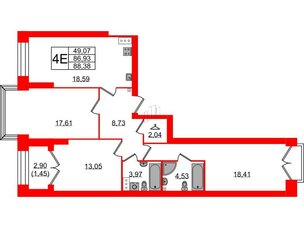 Квартира в ЖК Наука, 3 комнатная, 88.38 м², 10 этаж