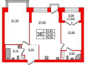 Квартира в ЖК Наука, 2 комнатная, 76.59 м², 11 этаж