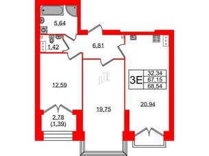 Квартира в ЖК Наука, 2 комнатная, 68.54 м², 13 этаж