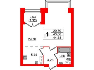 Квартира в ЖК Наука, 1 комнатная, 44.38 м², 5 этаж