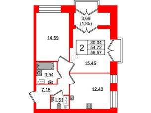 Квартира в ЖК Наука, 2 комнатная, 56.57 м², 7 этаж
