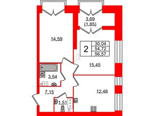 Квартира в ЖК Наука, 2 комнатная, 56.57 м², 10 этаж