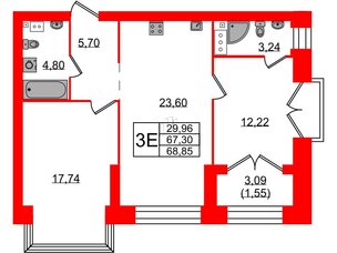 Квартира в ЖК Наука, 2 комнатная, 68.85 м², 7 этаж