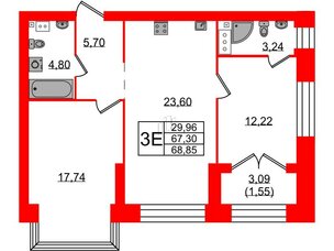 Квартира в ЖК Наука, 2 комнатная, 68.85 м², 8 этаж