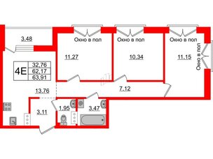 Квартира в ЖК ID Мурино 2, 3 комнатная, 63.91 м², 12 этаж