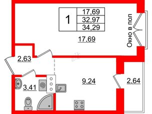 Квартира в ЖК ID Мурино 2, 1 комнатная, 34.29 м², 12 этаж