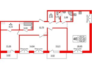 Квартира в ЖК ID Мурино 2, 3 комнатная, 102.97 м², 12 этаж