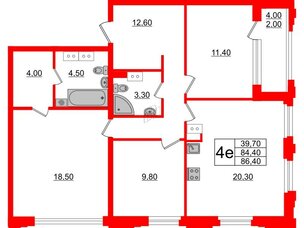 Квартира в ЖК Тайм Сквер, 3 комнатная, 86.4 м², 12 этаж