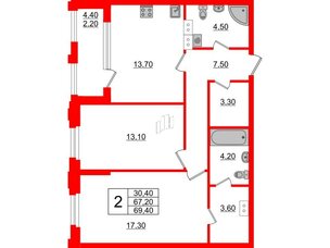 Квартира в ЖК Тайм Сквер, 2 комнатная, 69.4 м², 2 этаж