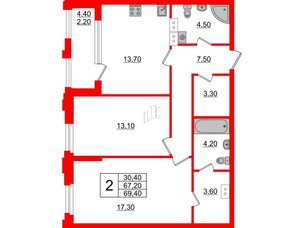 Квартира в ЖК Тайм Сквер, 2 комнатная, 69.4 м², 5 этаж