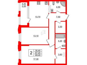 Квартира в ЖК Тайм Сквер, 2 комнатная, 69.4 м², 8 этаж