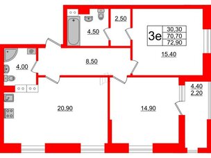 Квартира в ЖК Тайм Сквер, 2 комнатная, 72.9 м², 3 этаж