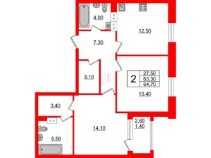Квартира в ЖК Тайм Сквер, 2 комнатная, 64.7 м², 3 этаж