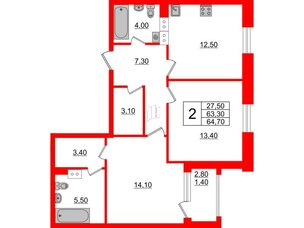 Квартира в ЖК Тайм Сквер, 2 комнатная, 64.7 м², 4 этаж