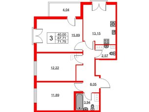 Квартира в ЖК Любоград, 3 комнатная, 67.71 м², 4 этаж