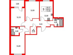 Квартира в ЖК Любоград, 3 комнатная, 69.53 м², 1 этаж