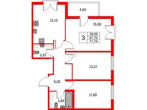 Квартира в ЖК Любоград, 3 комнатная, 67.7 м², 3 этаж