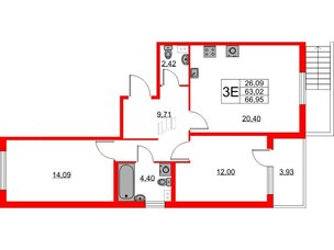 Квартира в ЖК Любоград, 2 комнатная, 63.02 м², 1 этаж