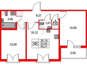 Квартира в ЖК Любоград, 2 комнатная, 54.62 м², 3 этаж