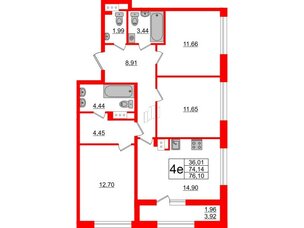 Квартира в ЖК Академик, 3 комнатная, 76.1 м², 12 этаж