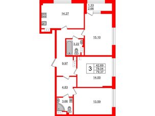 Квартира в ЖК Академик, 3 комнатная, 79.37 м², 11 этаж
