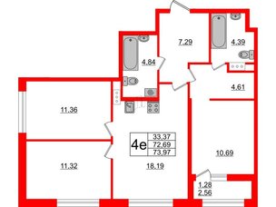 Квартира в ЖК Академик, 3 комнатная, 73.97 м², 10 этаж