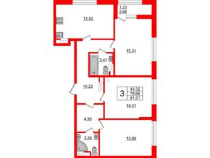 Квартира в ЖК Академик, 3 комнатная, 81.01 м², 10 этаж