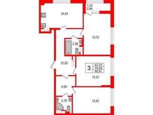 Квартира в ЖК Академик, 3 комнатная, 80.81 м², 12 этаж