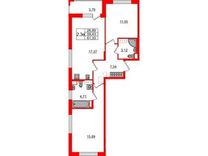 Квартира в ЖК 'Город звезд', 2 комнатная, 59.43 м², 7 этаж