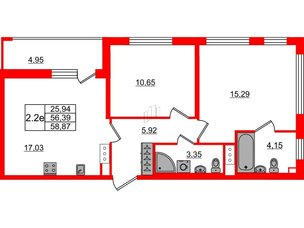 Квартира в ЖК 'Город звезд', 2 комнатная, 56.39 м², 3 этаж