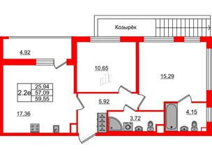 Квартира в ЖК «Город звёзд», 2 комнатная, 57.09 м², 1 этаж