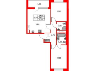 Квартира в ЖК 'Город звезд', 2 комнатная, 58.43 м², 2 этаж