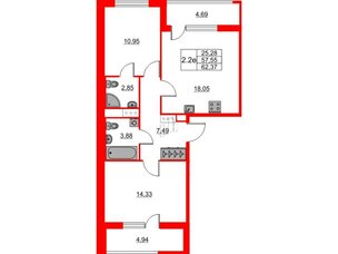 Квартира в ЖК 'Город звезд', 2 комнатная, 57.55 м², 3 этаж