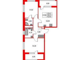 Квартира в ЖК 'Город звезд', 2 комнатная, 58.01 м², 21 этаж