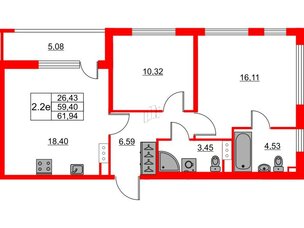 Квартира в ЖК «Город звёзд», 2 комнатная, 59.4 м², 18 этаж