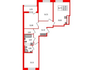 Квартира в ЖК Прайм Приморский, 3 комнатная, 83.5 м², 8 этаж