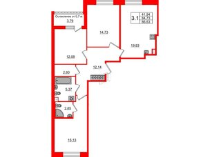 Квартира в ЖК Прайм Приморский, 3 комнатная, 84.73 м², 2 этаж