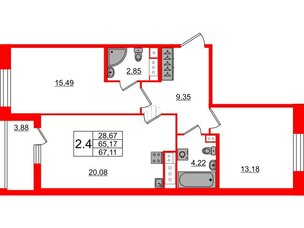 Квартира в ЖК Прайм Приморский, 2 комнатная, 65.17 м², 6 этаж