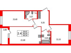 Квартира в ЖК Прайм Приморский, 2 комнатная, 66.6 м², 1 этаж