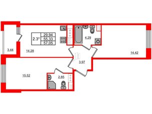 Квартира в ЖК Прайм Приморский, 2 комнатная, 55.33 м², 9 этаж