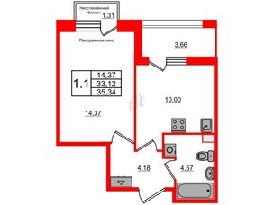 Квартира в ЖК Прайм Приморский, 1 комнатная, 33.12 м², 2 этаж