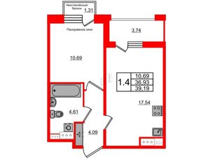 Квартира в ЖК Прайм Приморский, 1 комнатная, 36.93 м², 2 этаж