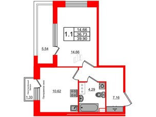 Квартира в ЖК Прайм Приморский, 1 комнатная, 36.73 м², 10 этаж